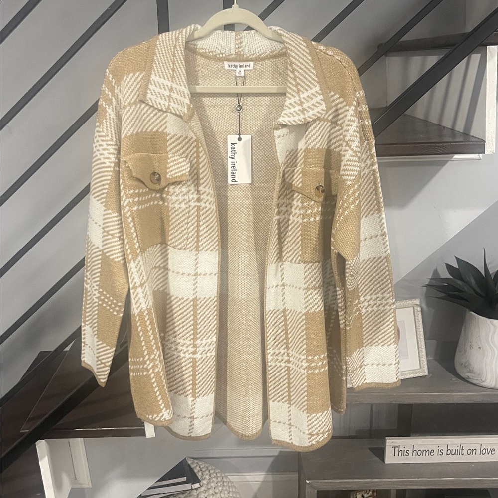 Kathy Ireland 1X Open Front Jacket Cardigan Top Shirt Sweater Plaid Shacket
